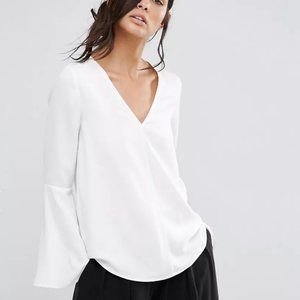 Asos Neon Rose Deep V Top With Fluted Sleeves (XS/S, White)